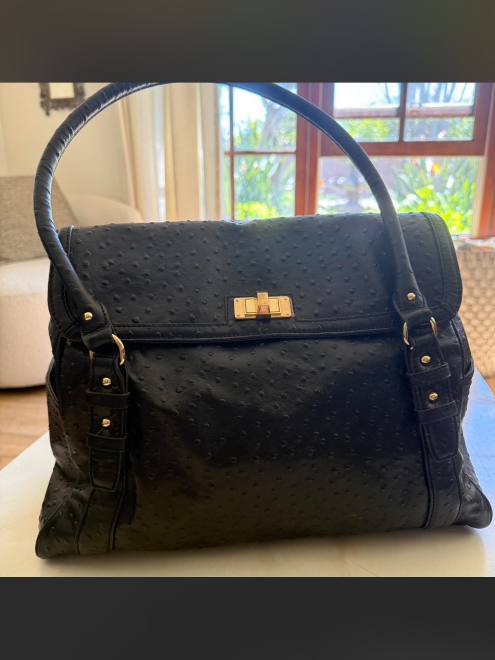 Black Women's Structured Satchel Bag with Gold Hardware